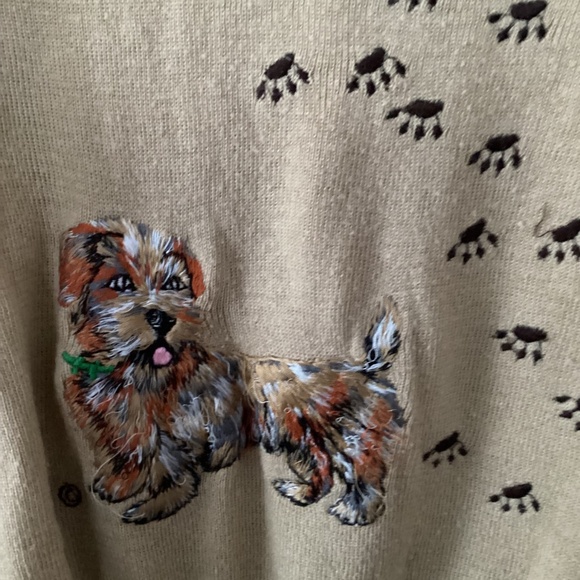 Vintage Cyn Les Novelty Sweater Tan Embroidered Scottish Dog with Paw Prints - Picture 3 of 5